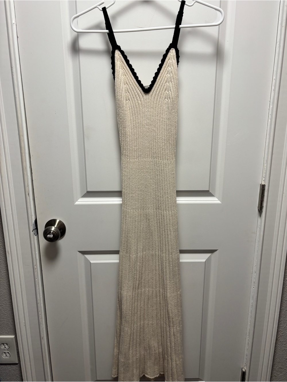 Cream Knit Maxi Dress with Black Trim